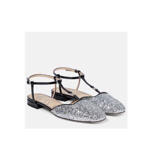NIB Gucci Ballet Flat EU 37.5 US 7.5 Double G T-Strap Silver Glitter Shoes $920